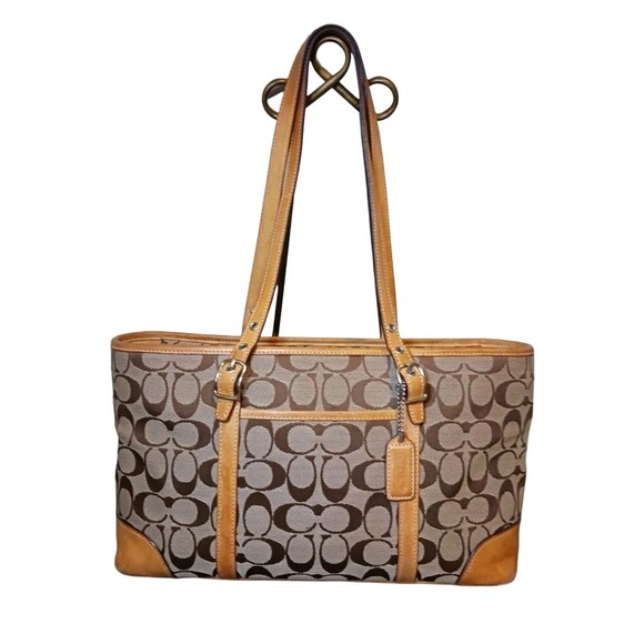 COACH Signature Tote Bag Tan & Brown Traditional Orange Interior Double Handles - Picture 1 of 13